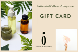intimatewellnessshop.com gift card with logo hand holding flower and various cosmetic bottles