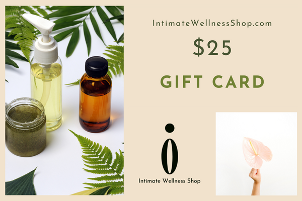 intimatewellnessshop.com $25 gift card with logo hand holding flower and various cosmetic bottles