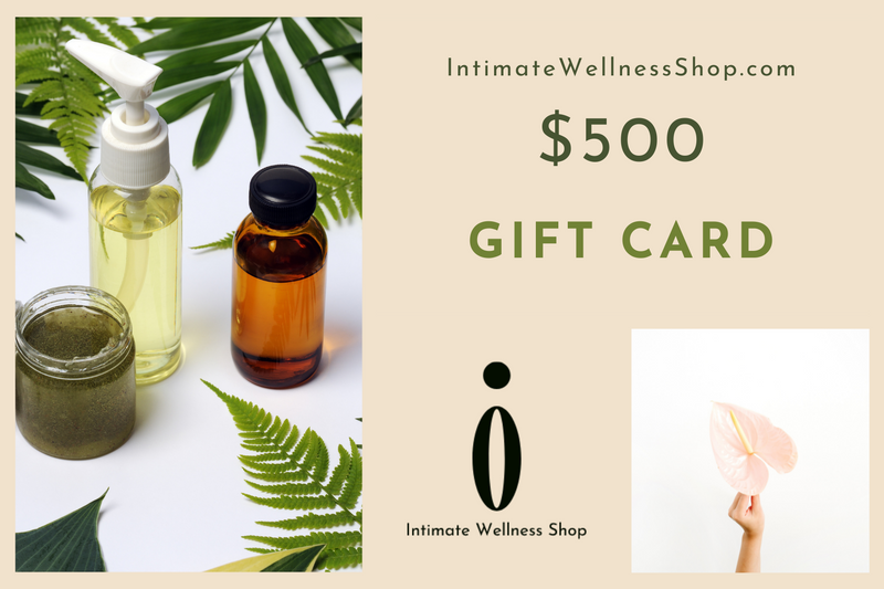 intimatewellnessshop.com $500 gift card with logo hand holding flower and various cosmetic bottles