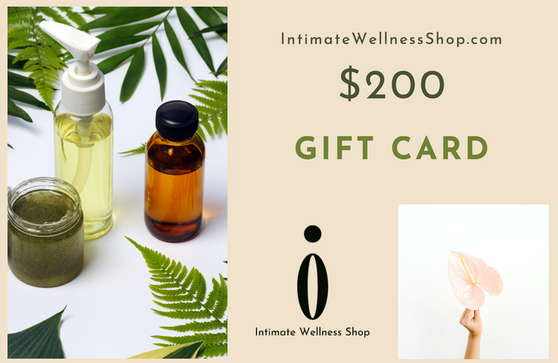 intimatewellnessshop.com $200 gift card with logo hand holding flower and various cosmetic bottles