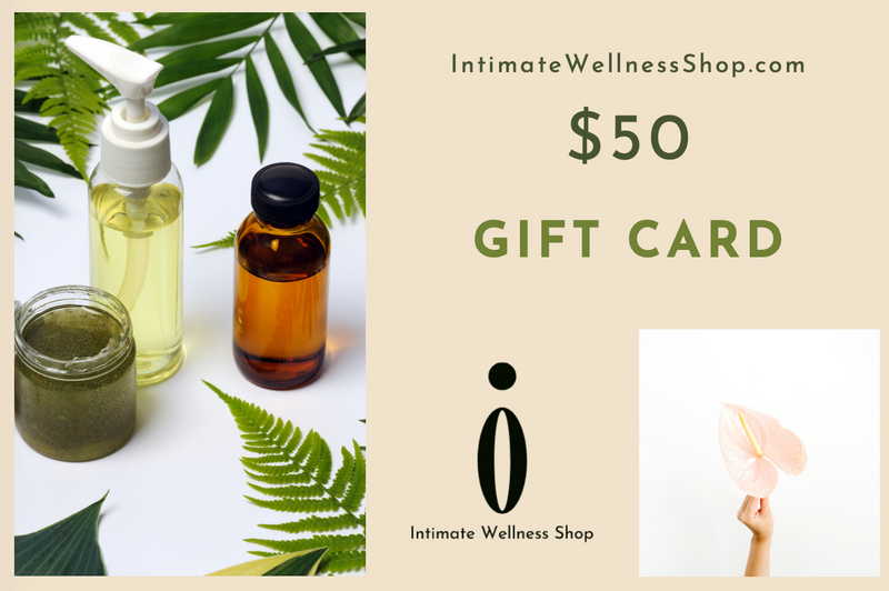 intimatewellnessshop.com $50 gift card with logo hand holding flower and various cosmetic bottles