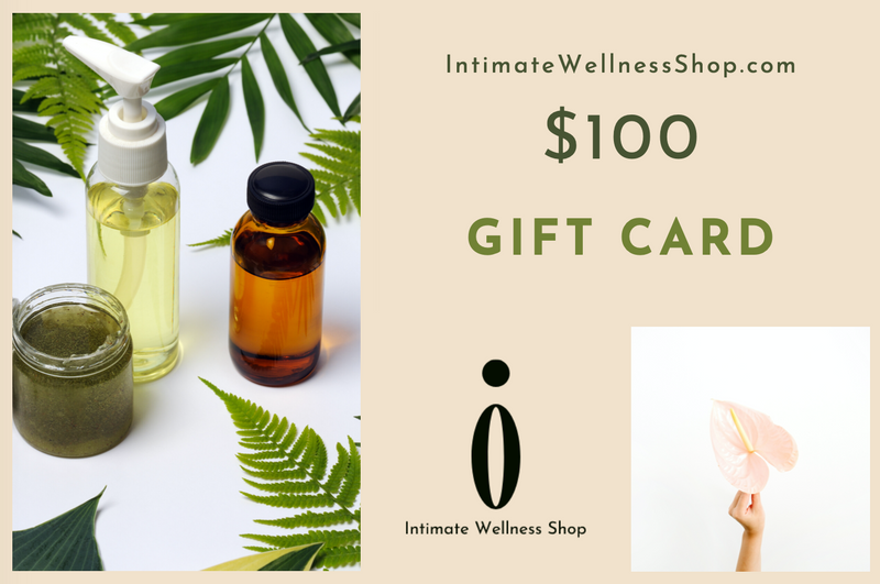 intimatewellnessshop.com $100 gift card with logo hand holding flower and various cosmetic bottles